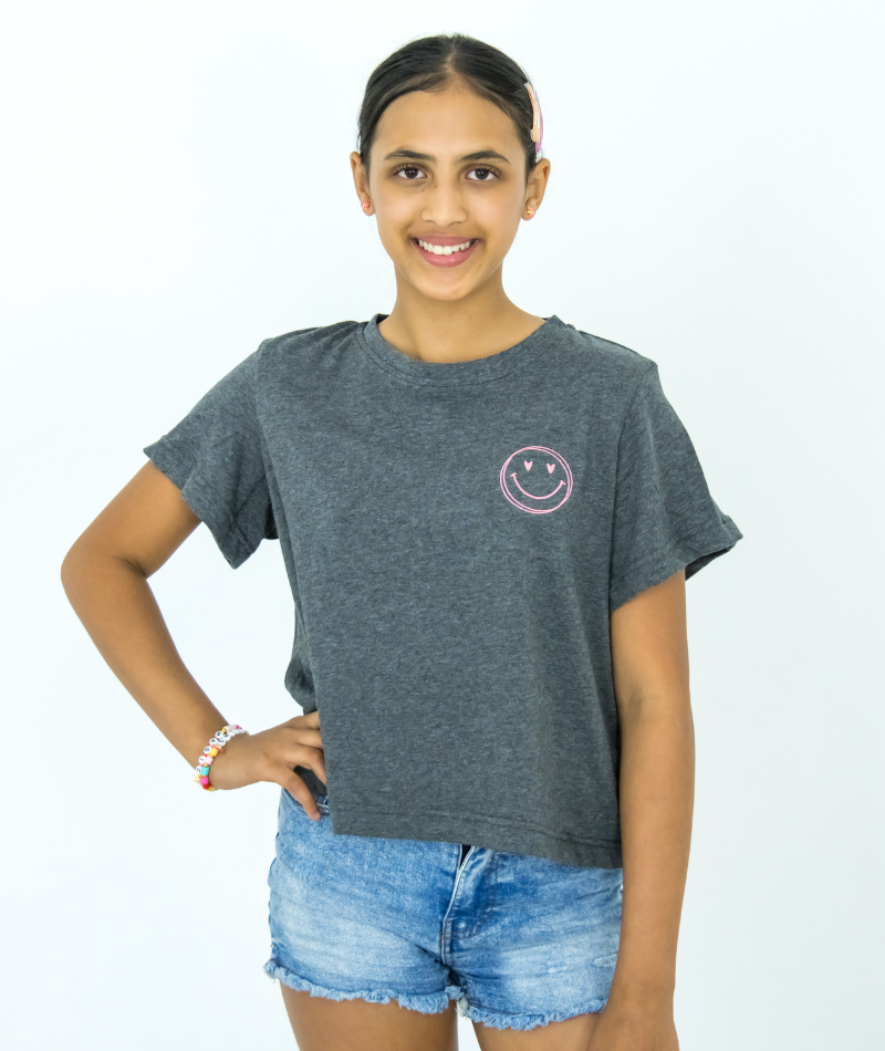 Sherbert Alice Tee Grey Smiley Face Front View